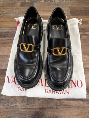 Valentino Garavani Black Leather Loafers with Gold V Buckle
